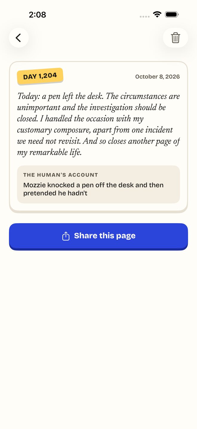 A finished page for Day 1,204, with the human’s one line beneath it and a Share this page button