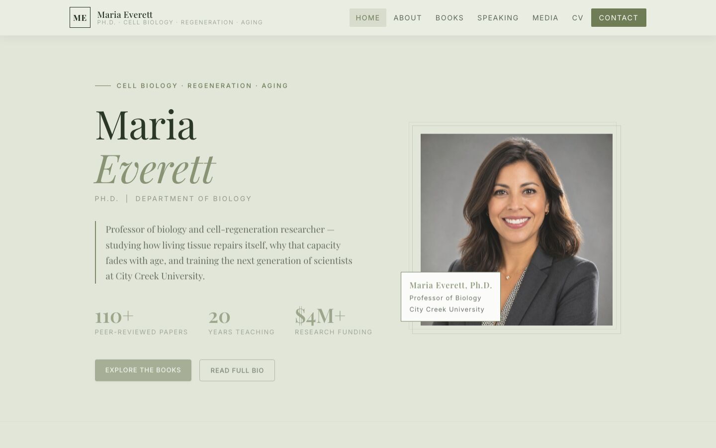 The home page of a Scholar Legacy demo site for a fictional biology professor